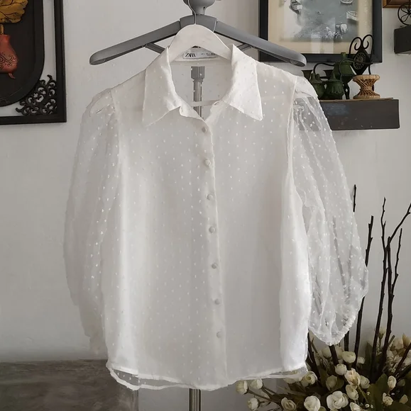 Zara Organza Puff Sleeve Blouse - Picture 3 of 10